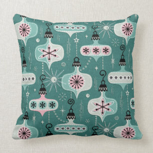 Atomic Age Christmas Ornaments Teal ©studioxtine Throw Pillow