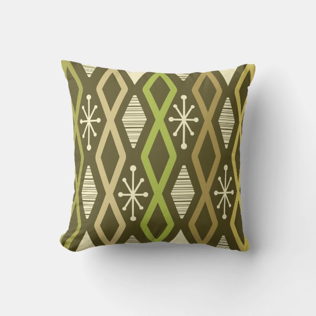 Atomic Age Diamond Columns Olive Green Throw Pillow (Front)
