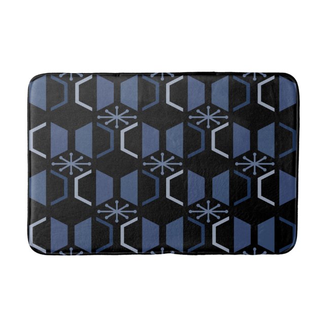 Atomic Age Hexagons Black Blue Bath Mat (Front)