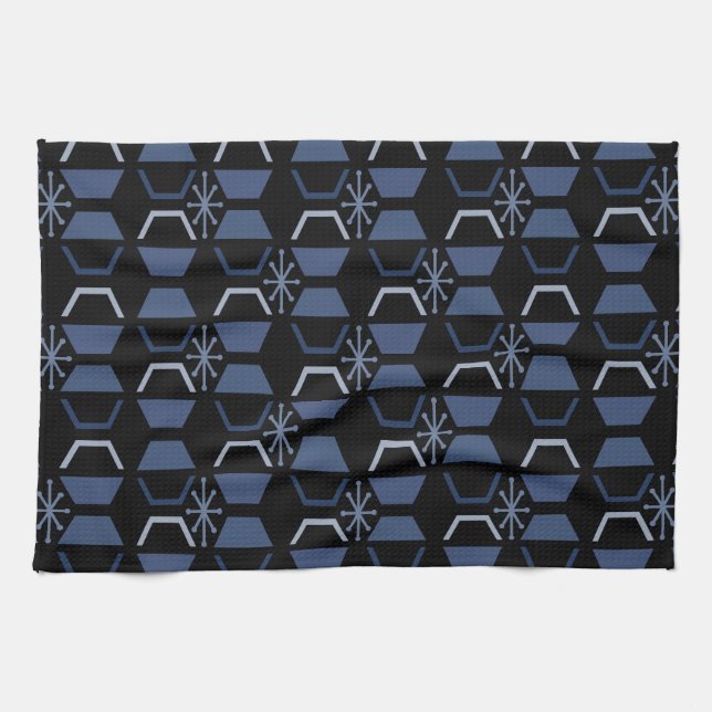 Atomic Age Hexagons Black Blue Kitchen Towel (Horizontal)