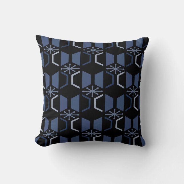 Atomic Age Hexagons Black Blue Throw Pillow (Front)