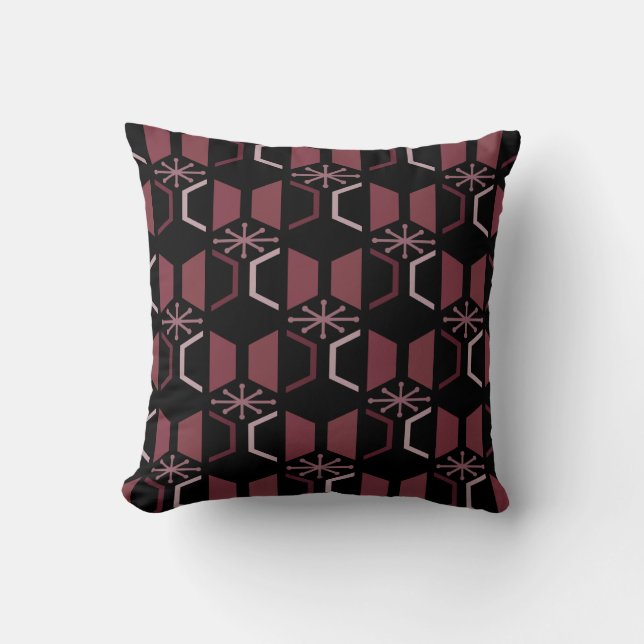Atomic Age Hexagons Black Burgundy Throw Pillow (Front)
