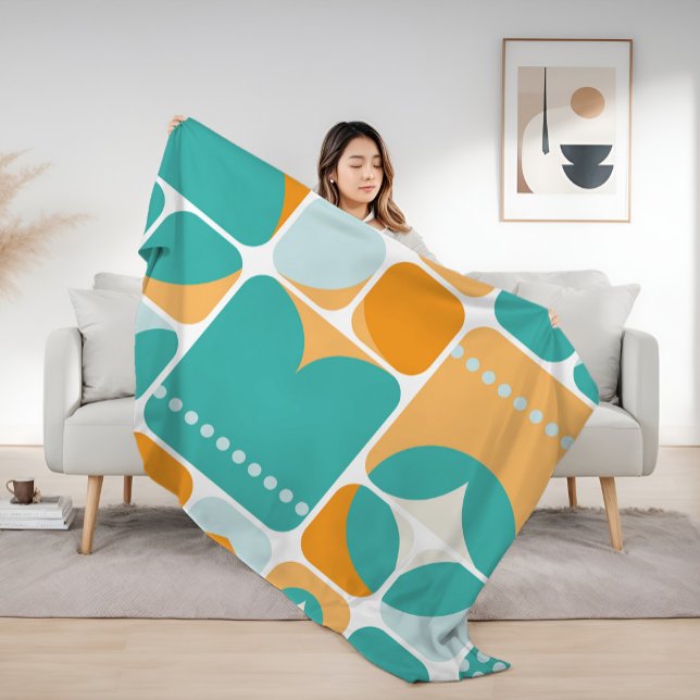 Atomic Age Mid Century Abstract Teal, Aqua, Orange Fleece Blanket (Creator Uploaded)