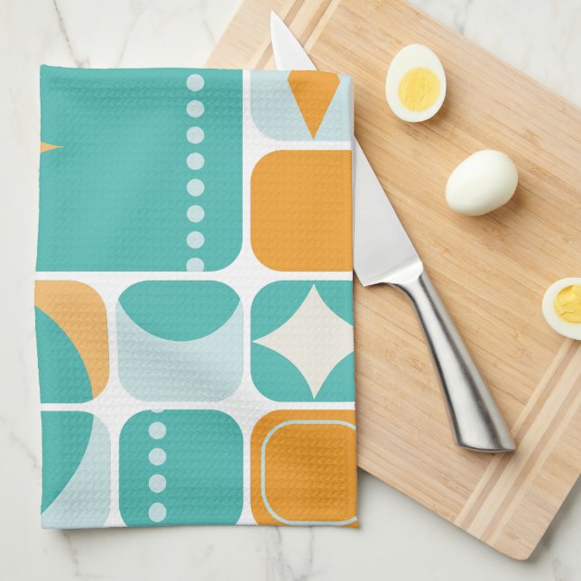 Atomic Age Mid Century Abstract Teal, Aqua, Orange Kitchen Towel (Quarter Fold)