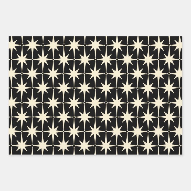 Atomic Age Mid Mod Starbursts in Cream and Black Wrapping Paper Sheet (Front)