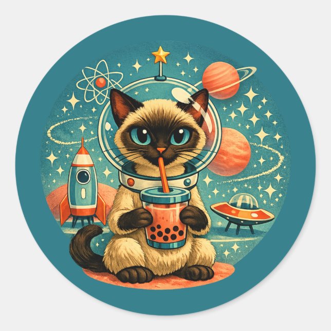 Atomic Age Outer Space Boba Siamese Astronaut Cat Classic Round Sticker (Front)
