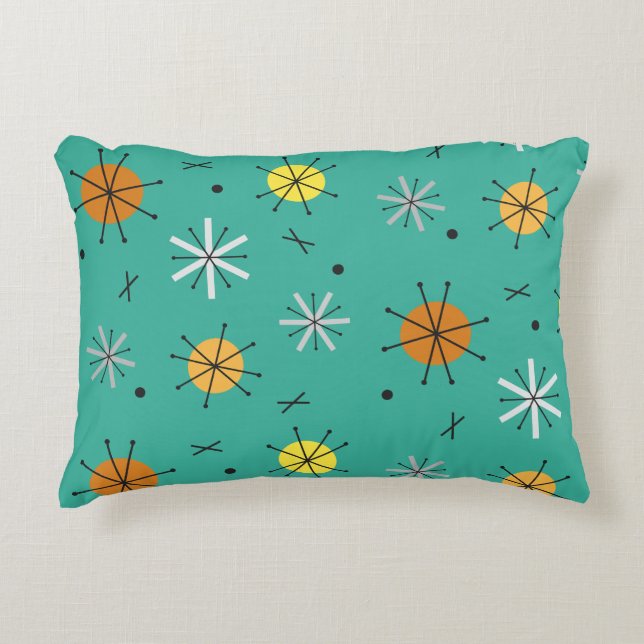Atomic Age Planets Starbursts Turquoise Accent Pillow (Front)