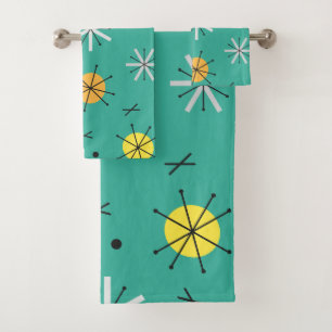 Atomic Age Planets Starbursts Turquoise Bath Towel Set