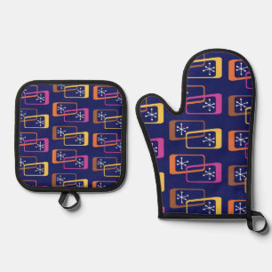 Atomic Age Rectangles Purple Colourful Oven Mitt & Pot Holder Set