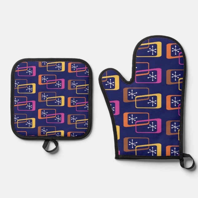 Atomic Age Rectangles Purple Colourful Oven Mitt & Pot Holder Set (Front)
