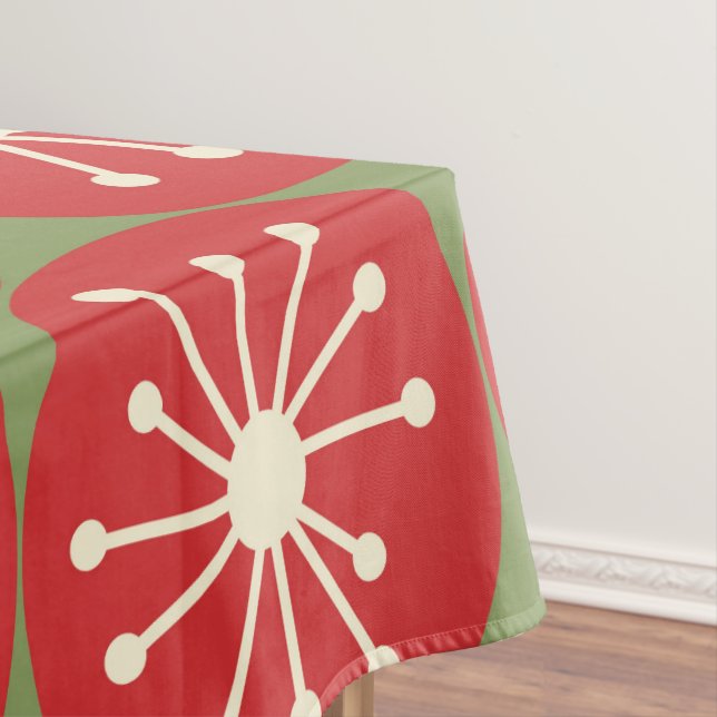 Atomic Age Retro Dots in Christmas Green Red Cream Tablecloth (In Situ)