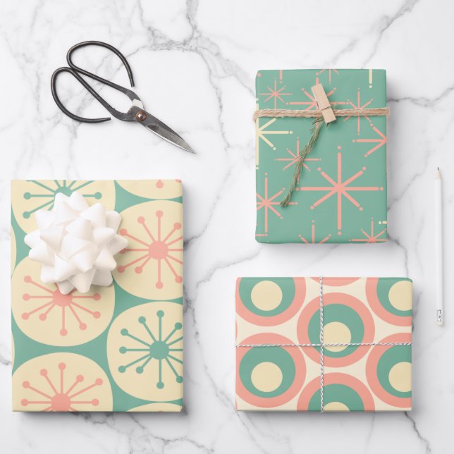 Atomic Age Retro Patterns Blush Pink and Teal Wrapping Paper Sheet (Front)