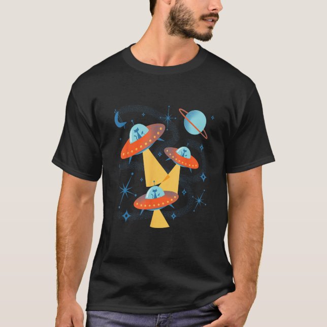 Atomic Age Space Cadets Cats in Retro Flying Sauce T-Shirt (Front)