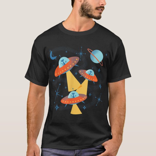Atomic Age Space Cadets Cats in Retro Flying Sauce T-Shirt (Front)
