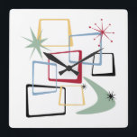 Atomic Age Squares Boomerang Starburst Mid Century Square Wall Clock<br><div class="desc">Add that splash of fun and colour to your wall with this fabulous atomic era mid century modern square wall clock! This design features abstract squares,  starbursts,  and a boomerang in the colours of red,  green,  blue,  yellow,  and black... so funky!</div>