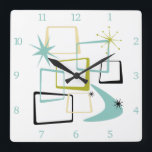 Atomic Age Squares Boomerang Starburst Midcentury Square Wall Clock<br><div class="desc">Add that splash of fun and colour to your wall with this fabulous atomic era mid century modern square wall clock! This design features abstract squares,  starbursts,  and a boomerang in the colours of avocado green,  aqua blue,  yellow,  and black... so funky!</div>