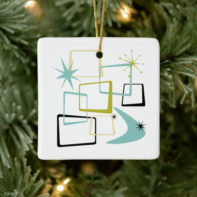 Atomic Age Squares Stars Boomerang Mid Mod Ceramic Ornament (Tree)