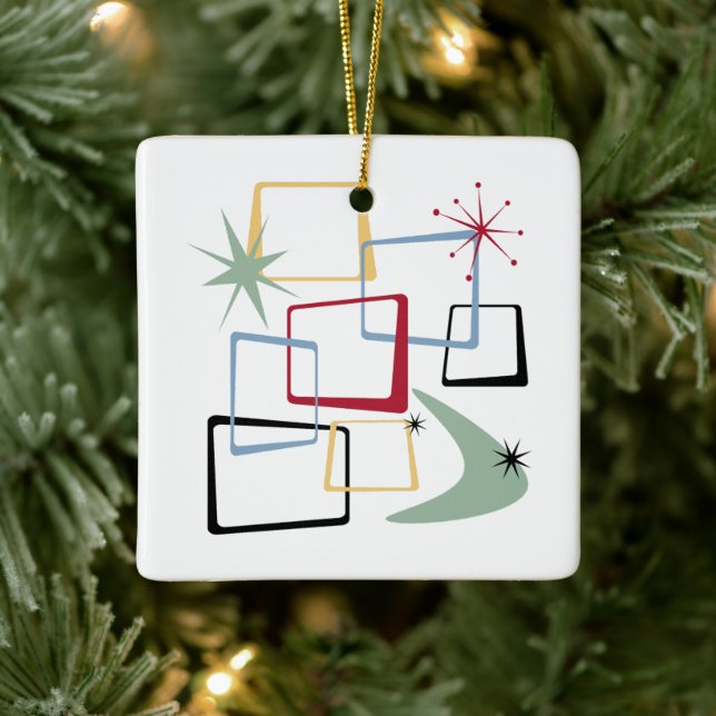 Atomic Age Squares Stars Boomerang Midcentury Ceramic Ornament (Tree)