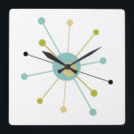Atomic Age Starburst Mid Century Modern Square Wall Clock<br><div class="desc">This colourful mid century modern clock features an atomic starburst in turquoise blue,  avocado green,  cream,  and black. So fun to add to your wall!</div>