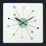 Atomic Age Starburst Mid Century Modern Square Wall Clock<br><div class="desc">This colourful mid century modern clock features an atomic starburst in turquoise blue,  avocado green,  cream,  and black. So fun to add to your wall!</div>