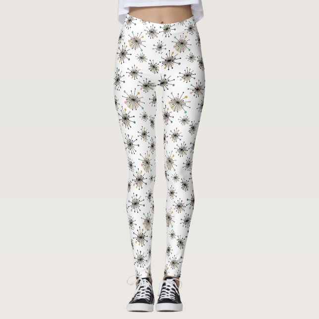 Atomic Age Starburst Mid Century Retro Pattern Leggings (Front)
