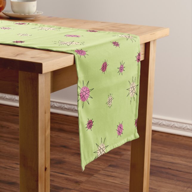 Atomic Age Starburst Planets Lime Green Short Table Runner (In Situ)