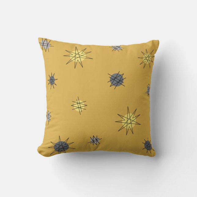 Atomic Age Starburst Planets Ochre Grey Throw Pillow (Front)