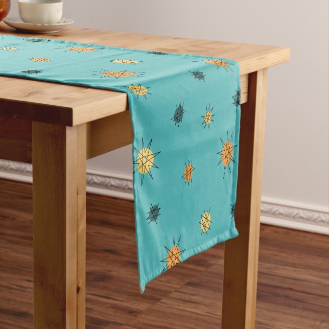 Atomic Age Starburst Planets Turquoise Short Table Runner (In Situ)