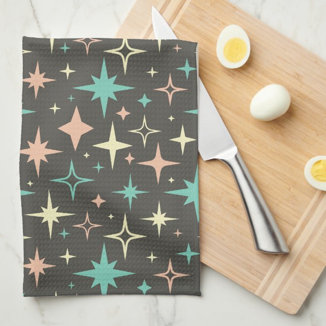 Atomic Age Stars Pink Blue Yellow Brown Midcentury Kitchen Towel (Quarter Fold)