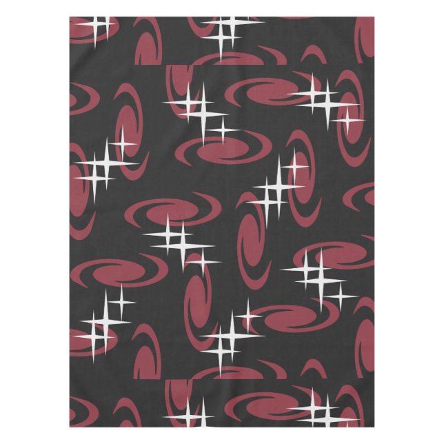 Atomic Age Swirls Stars Pattern Black Maroon Tablecloth (Front)