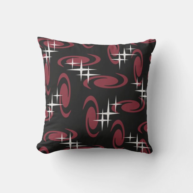 Atomic Age Swirls Stars Pattern Black Maroon Throw Pillow (Front)