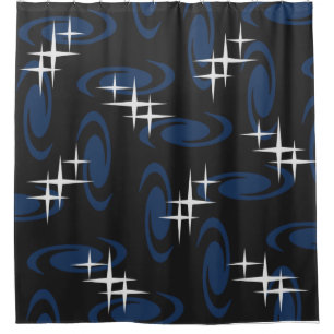 Atomic Age Swirls Stars Pattern Black Navy Blue