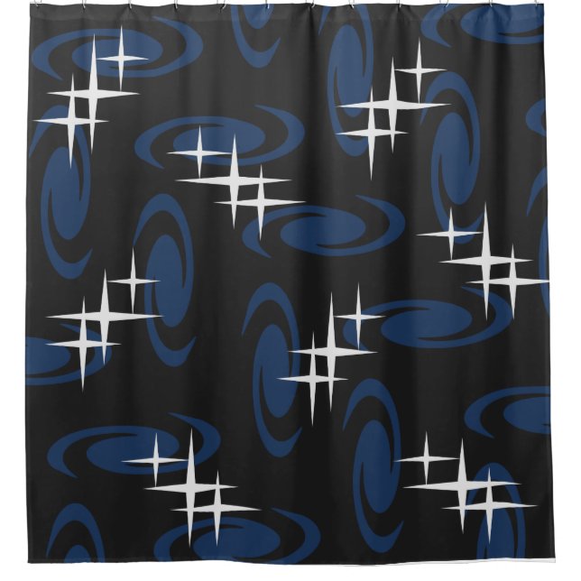 Atomic Age Swirls Stars Pattern Black Navy Blue (Front)