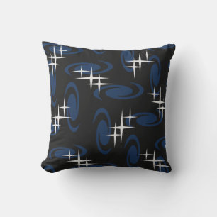 Atomic Age Swirls Stars Pattern Black Navy Blue Throw Pillow
