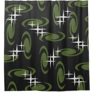Atomic Age Swirls Stars Pattern Black Olive Green