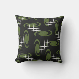 Atomic Age Swirls Stars Pattern Black Olive Green Throw Pillow