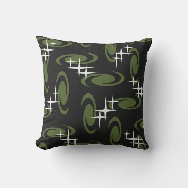 Atomic Age Swirls Stars Pattern Black Olive Green Throw Pillow (Front)