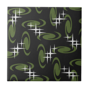 Atomic Age Swirls Stars Pattern Black Olive Green Tile