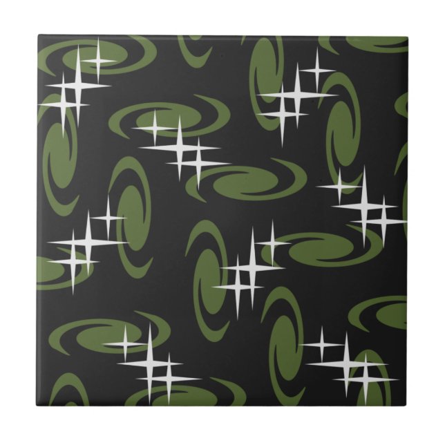 Atomic Age Swirls Stars Pattern Black Olive Green Tile (Front)