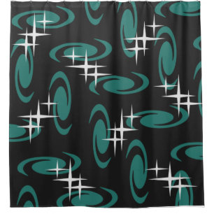Atomic Age Swirls Stars Pattern Black Teal