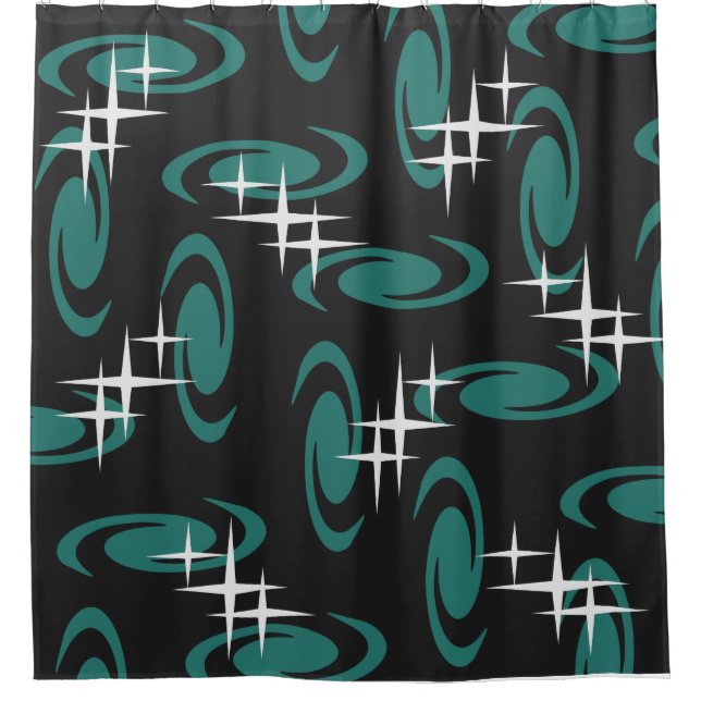 Atomic Age Swirls Stars Pattern Black Teal (Front)