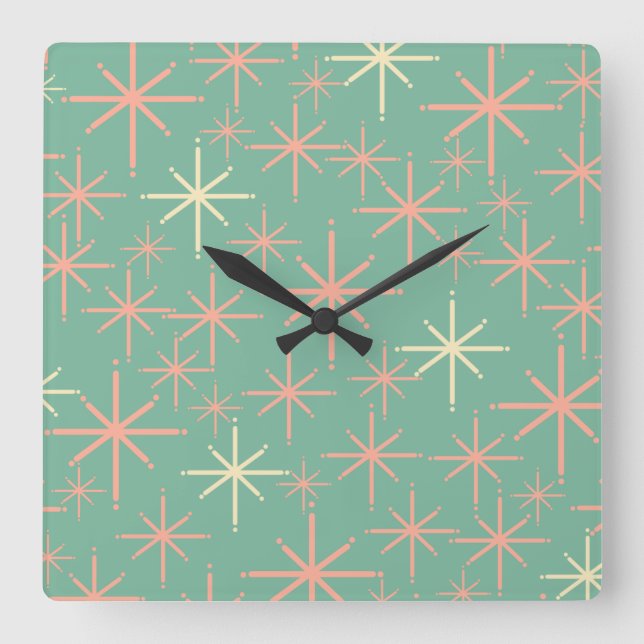Atomic Age Twinkling Retro Stars Mid Century Square Wall Clock (Front)