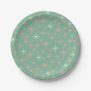 Atomic Age Twinkling Retro Stars Teal Mint Pink Paper Plate