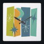 Atomic Boomerang Starburst Rectangles Mid Mod Square Wall Clock<br><div class="desc">Make a statement on your wall with this bold atomic era mid century square wall clock. With its turquoise,  orange,  blue,  avocado green,  and white rectangles,  stars,  and boomerang it’s sure to get a few “wows”!</div>