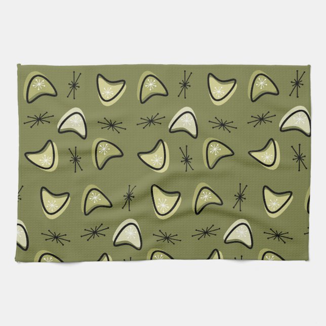 Atomic Boomerangs Starbursts Olive Green Kitchen Towel (Horizontal)