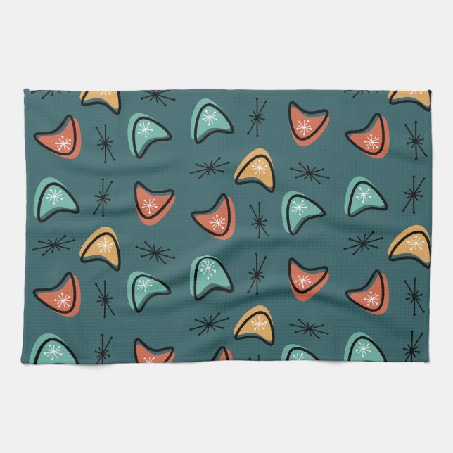 Atomic Boomerangs Starbursts Teal Kitchen Towel (Horizontal)