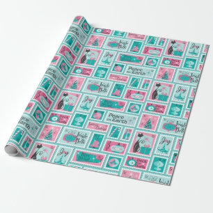 Atomic Cafe Midcentury Holiday Stamps Wrapping Paper