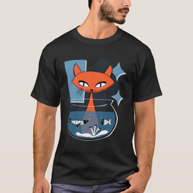 Atomic Cat With Fish Bowl Mid Century Modern Style T-Shirt (Front)