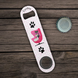 Atomic Cats in Pink Chair black Paw Prints Dots Bar Key