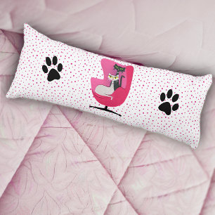 Atomic Cats in Pink Chair Black Paw Prints Dots Body Pillow
